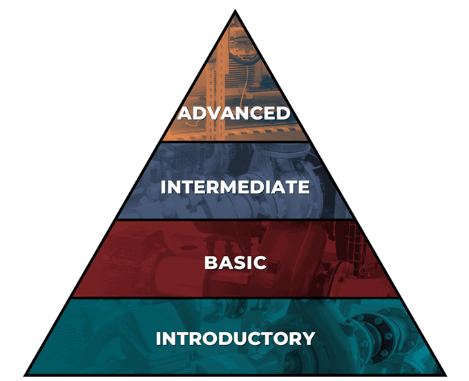 Learning Level Pyramid. From the bottom: Introductory, then Basic, then Intermediate, and finally, Advanced.